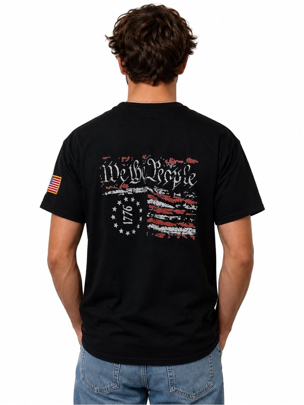 We The People 1776 Black Patriotic Graphic Tee USA Flag Patch Large